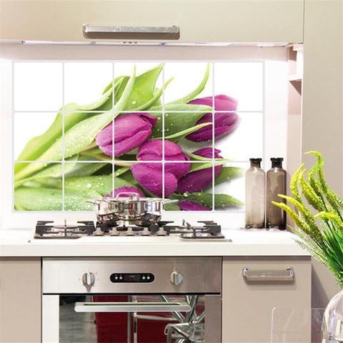 New Flowers Tulip Anti-oil Wall Sticker For Kitchen Tile Poster Home Decor Aluminum Foil Heat-resistant Oilproof Art Mural Decal ► Photo 1/6