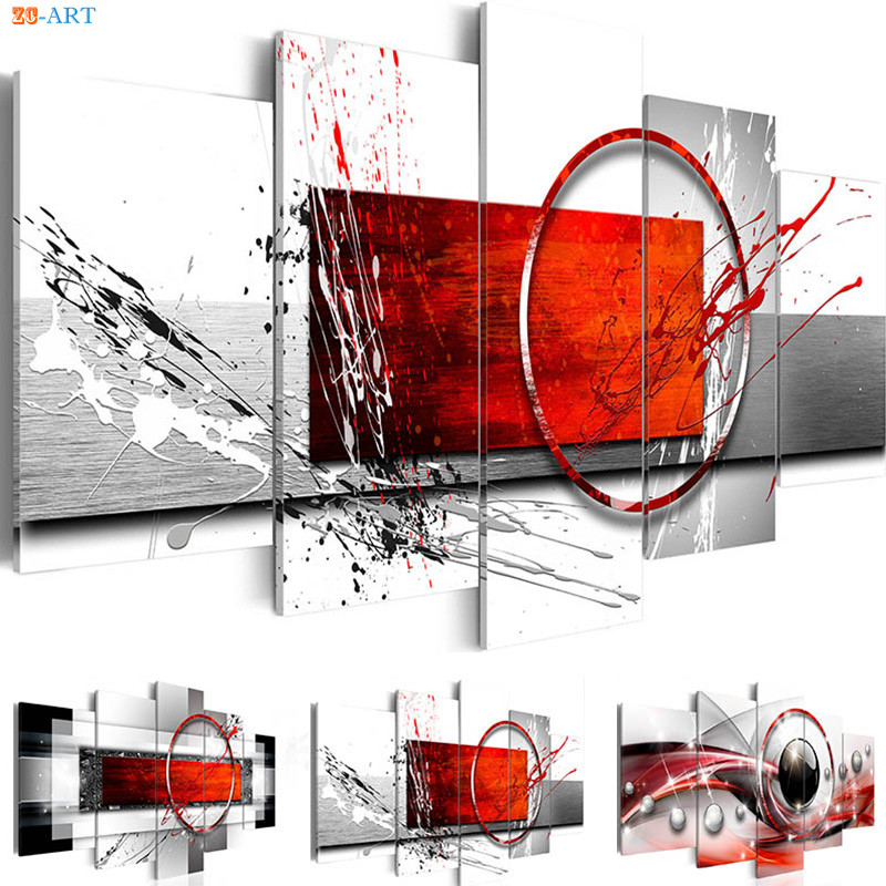 Canvas Art 5 Panel Abstract Painting Prints Poster Red Wall Modern Pictures For Living Room Home Office Decor Alitools - Black White Red Wall Art Decor