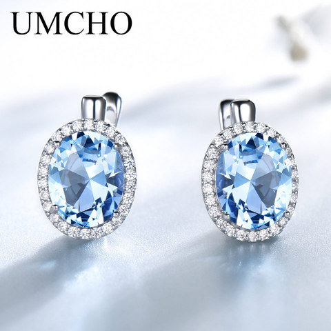 UMCHO Nano Sky Blue Topaz Gemstone Clip Earrings For Women Genuine 925 Sterling Silver Earrings For Women Romantic Fine Jewelry ► Photo 1/6