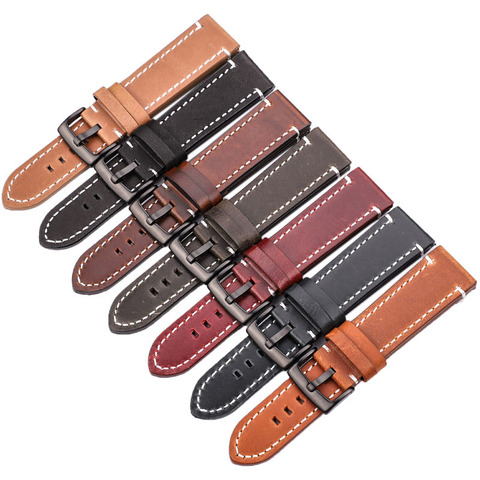 HENGRC 18 20 22mm Genuine Leather Watch Band Strap Manual Men Thick Brown Black Watchbands Stainless Steel Buckle Accessories ► Photo 1/6