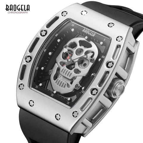 Baogela Mens Fashion Military Silicone Strap Rectangle Dial Skull Face Sport Quartz Wrist Watches BGL1612G-1 ► Photo 1/6