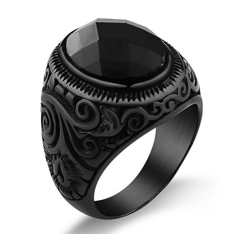 Antique Silver Turquoises Ring Personalized Jewelry for Men Women Stainless Steel Vintage Black onyx Ring Black Wholesale ► Photo 1/6