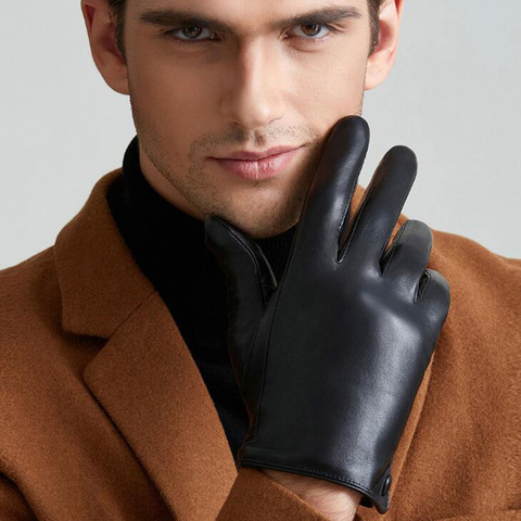 Men's Fashion Genuine Leather Gloves Thin/ Thick Plush Winter Warm Sheepskin Full Finger Touch Screen Driving Gloves Mittens L75 ► Photo 1/6