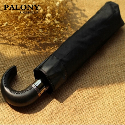 PALONY Leather Handle 10 Rib Strong Automatic Umbrellas/ Wind Resistant Men Black Three Folding Umbrella Rain ► Photo 1/6