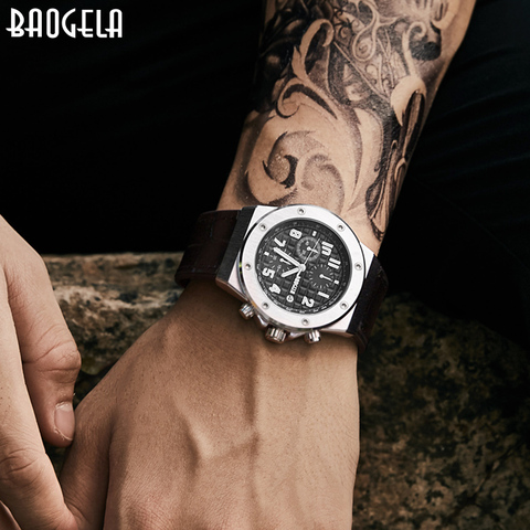 BAOGELA Timing Watch Men's Sports Watch Quartz Watch Leather Brand Date Indicator Waterproof Watch 1805 ► Photo 1/6