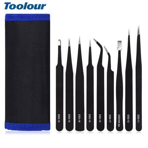 Toolour 9PC ESD Precision Industrial Tweezers Anti-static magnetic Stainless Steel Tweezers Set for Electronics Soldering ► Photo 1/6