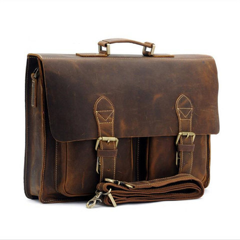 Retro Briefcase Men's Bag Crazy Horse Leather Multi-Pocket 15.6 Inch Cowhide Handbag Crossbody Shouler Laptop Men sacoche homme ► Photo 1/6