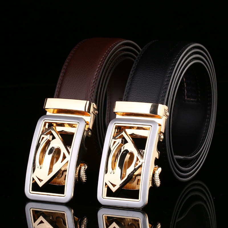 Black Genuine Leather Mens Belts Luxury Gold Automatic Buckles