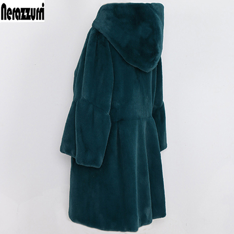 Nerazzurri Faux Fur Coat Woman With Hood Flare Sleeve Three Quarter Pleated Large size Furry Colored Fake Fur Jacket 5xl 6xl 7xl ► Photo 1/6