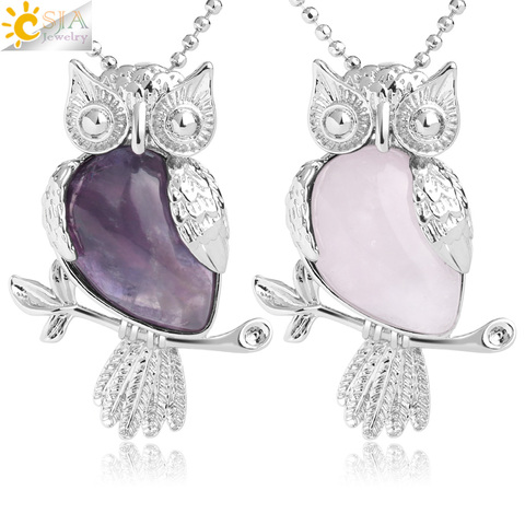 CSJA Water Drop Natural Stone Necklace & Pendants Owl Shape Pink Quartz Sodalite Crystal Trendy Charm Jewelry for Women Men G077 ► Photo 1/6