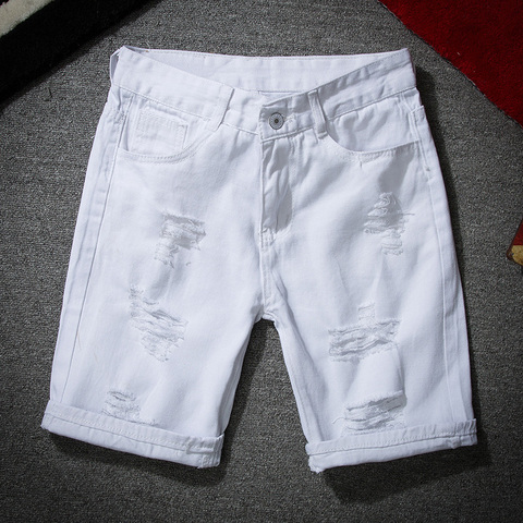 Men White Denim Shorts New Summer Men Holes Short Jeans Men Cotton stretches Casual Denim Shorts ► Photo 1/4