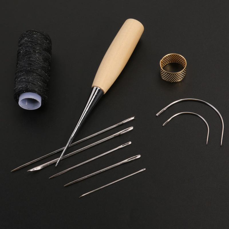 13Pcs Leather Craft Hand Stitching Sewing Tool Thread Awl Waxed Thimble Kit CPUK 