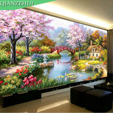 QIANZEHUI,Needlework,DIY landscape cross stitch, European oil painting Garden cabin,Sets For Embroidery kit ,Wall Home Decro ► Photo 1/6