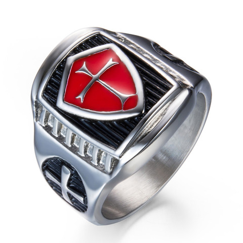 US 7 to 14 Mans Stainless Steel Titanium Red Armor Shield Knight Templar Crusade Cross Signet Ring Medieval Signet Retro Vintage ► Photo 1/4