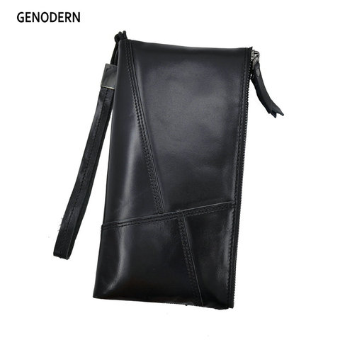 GENODERN Male Wristlet Genuine Leather Men's Purse with Phone Pocket Cowhide Long Male Purses  Men's Genuine Leather Wallet ► Photo 1/6