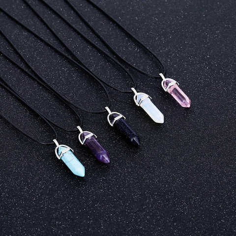 Hexagonal Column Quartz Necklaces turquoises Pink Crystal pendent Necklace For Women Leather Chain Natural Stone Choker Necklace ► Photo 1/6
