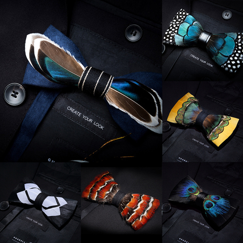 KAMBERFT designer brand Handmade Feather and Leather Pre-tied Bow tie and Brooch Sets for Men wedding party best gift Cravate ► Photo 1/6