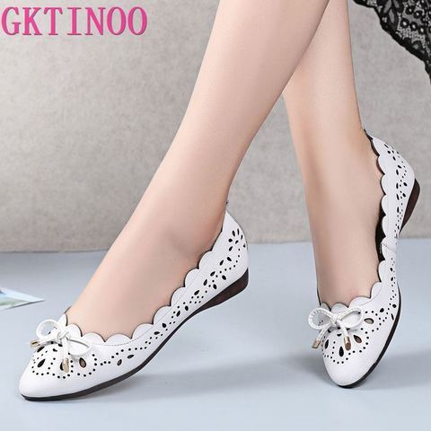 GKTINOO Breathable Genuine Leather Summer Shoes Woman 2022 Flat Low Heel Bowknot Hollow Out Leather Slip On Shoes For Women Soft ► Photo 1/6
