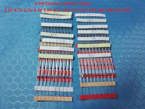Diode kits set 3.3V~30V (14 values*10pcs=140pcs) 0.5W 1W Assorted 1/2W  Assortment diy kit BZX55C Zener Diode 6.8V 8.2V 10V 12 ► Photo 1/1