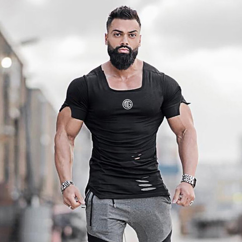 New 2022 Cotton Men's T shirt Vintage Ripped Hole T-shirt Men Fashion Casual Top Tee Men Hip Hop Activewears Fitness Tshirt Male ► Photo 1/6