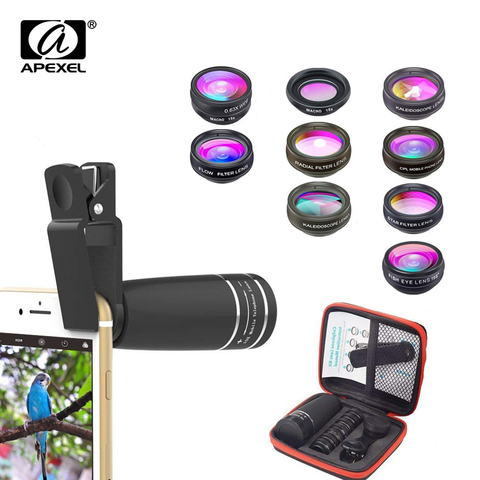 APEXEL 10 in 1  Mobile phone Lens Telephoto Fisheye lens Wide Angle Macro Lens+CPL/Flow/Radial/Star Filter for all smartphones ► Photo 1/6