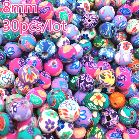 30pcs 8mm Polymer Clay Flower Pattern Printing Beads Round Loose Beads Mix Colors for Make Jewelry ► Photo 1/3