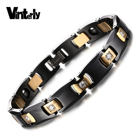 Vinterly Black Ceramic Bracelet for Women Chain Link Healing Energy Magnetic Hematite Crystals Gold-color Bracelets & Bangles ► Photo 1/6