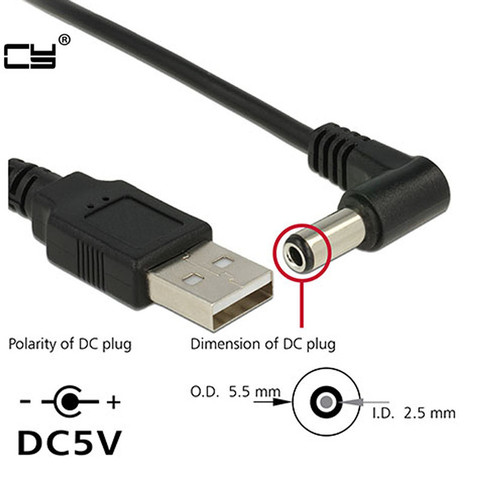 USB to 5.5 mm/2.5 mm 5 Volt DC 2A Barrel Jack Power charge Cable Elbow 90 Right Angle Design DC power plug USB CABLE 1m 3ft 2M ► Photo 1/5