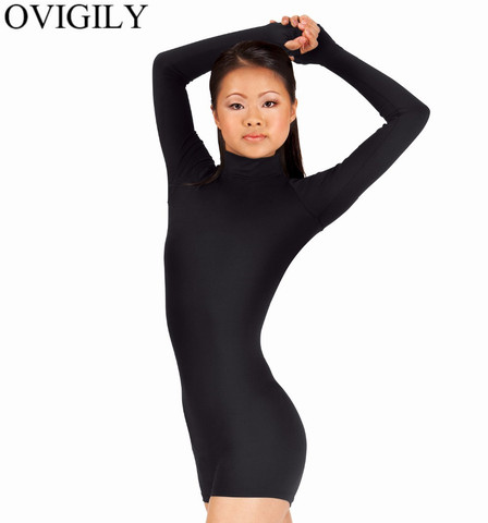 OVIGILY Women's Long Sleeve Mock Neck Biketard Thumbholes Adults Black One Piece Dance Gymnastics Unitard Dancewear With Zipper ► Photo 1/6
