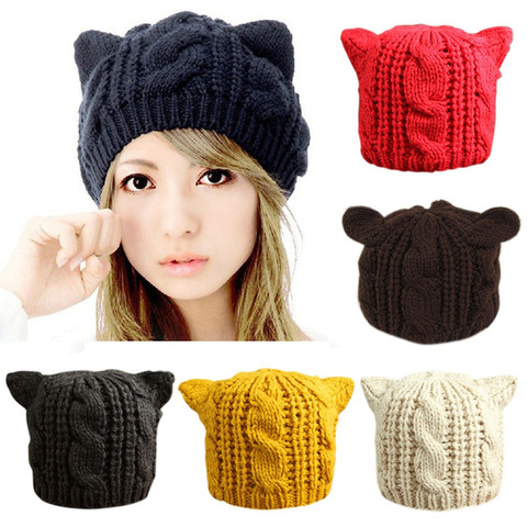 Lovely Cat Ears Hat Beanie Women Warm Solid Color Hip-hop Cap Lady Girls Cute Winter Knitted Skullies Beanies Casual Wool Caps ► Photo 1/6