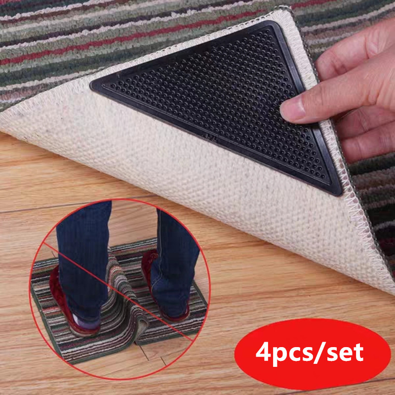 4PCS Black Rug Grippers Stopper Anti Slip Rubber Corner Mat Washable Carpets Pad 