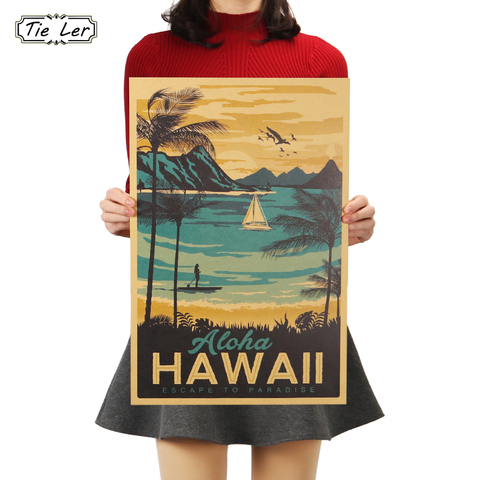 TIE LER Aloha Hawaii Famous Tourist Landscape Painting Kraft Paper Bar Poster Vintage Decorative Painting Wall Sticker 51x34cm ► Photo 1/6