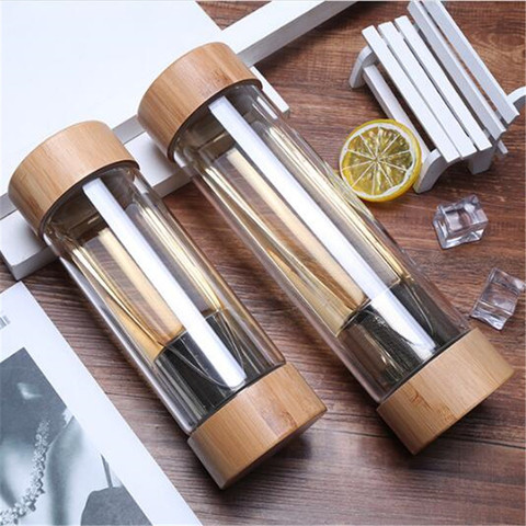 300ml 400ml Travel Glass Water Bottle with Stainless Steel Tea Infuser Filter Double Wall Glass Sport Water Tumbler Bamboo Lid ► Photo 1/6