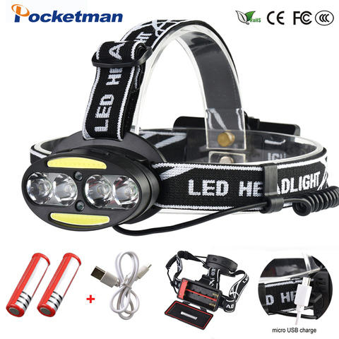 Pocketman Headlight Powerful USB Headlamp 4* T6 +2*COB+2*Red LED Head Lamp Head Flashlight Torch Lanterna with batteries charger ► Photo 1/6