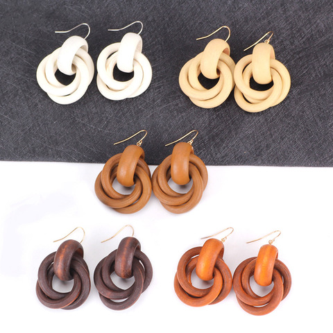 8SEASONS Fashion Jewelry Ear Hook Earring For Women Wood Round Bohemia Geometric White Brown Orange Color, 1 Pair ► Photo 1/6