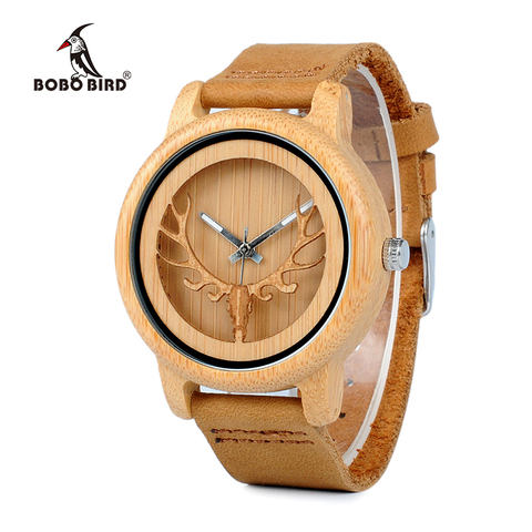 BOBO BIRD Bamboo Watch Men Wood Quartz Wristwatches With Deer Buck Head Design Real Leather Band in Box Relogio Drop Shipping ► Photo 1/6