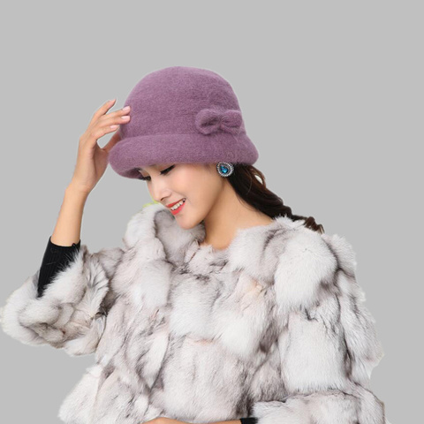 Ladies Elegant Winter warm Cap 100%  Rabbit Wool Warm Flower Floppy Hats for Women Middle Age Female Bucket Fedoras Hats For mom ► Photo 1/6