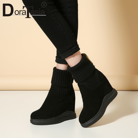 DoraTasia Youthful Ankle Booties Women Natural Cow Suede Autumn Winter Short Plush Platform Shoes Woman Height Increasing 32-40 ► Photo 1/6