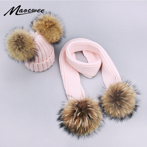 Girl Pompon Hats and Scarves Sets Winter Knitted Warm Nature Fur Pom Pom Hat Scarf Thick Beanies Hats Caps Kids Baby Solid Bones ► Photo 1/6