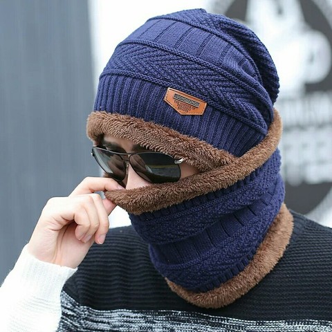 hot selling 2pcs ski cap and scarf cold warm leather winter hat