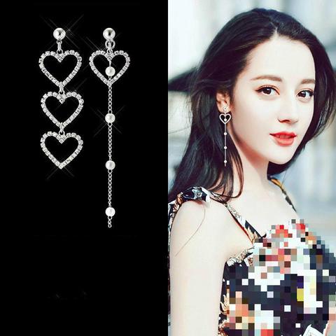 Korean Girl Heart-shaped Asymmetric Earrings Simple Wild Rhinestone Pearl Chain Earrings Jewelry Oorbellen Long Earrings Brincos ► Photo 1/6