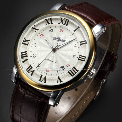 Rome Number Fashion Men WINNER Top Brand Gold Sport Wristwatches Self wind Automatic Mechanical Calendar Leather Watch Clock ► Photo 1/6
