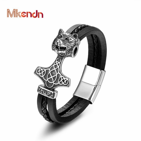 MKENDN 2017 Men Stainless Steel Wolf Thor Hammer Leather Bracelet Punk Style Statement Magnet Buckle Bracelet Jewelry Gift ► Photo 1/6