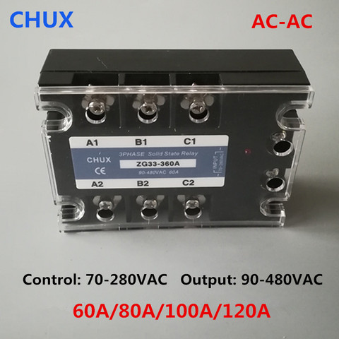 CHUX Three Phases Solid State Relay 60a 80a 100a 120a 90-480VAC ZG33 70-280v  AC to AC 3 SSR Relay ► Photo 1/6