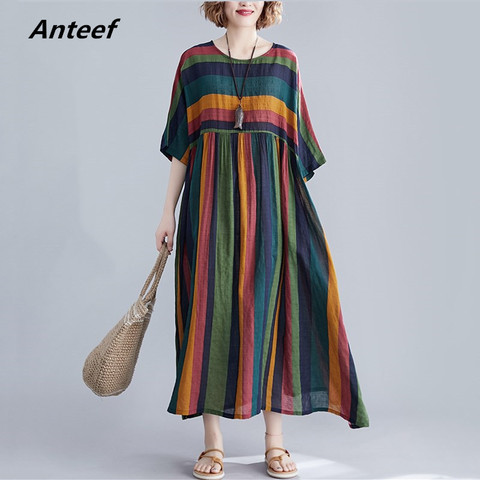 cotton plus size vintage stripe women casual loose long summer dress elegant clothes 2022 ladies dresses sundress ► Photo 1/5