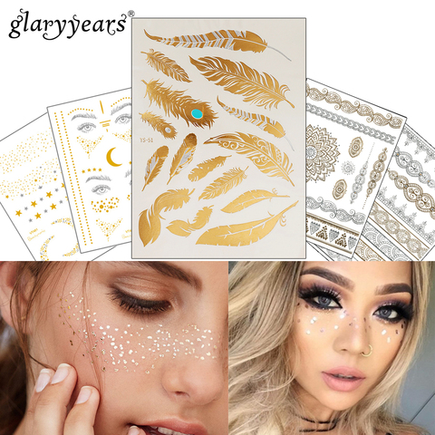 1PC Flash Metallic Waterproof Tattoo Gold Silver Women Fashion Henna YS-51 Peacock Feather Design Face Freckle Temporary Tattoo ► Photo 1/6