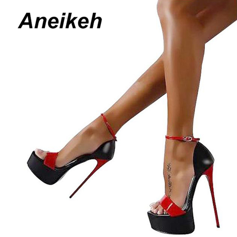 Aneikeh 2022 Fashion Peep Toe High-heeled Sandals Sexy 16CM High Heels  Buckle Strap Nightclub Party Shoes Big Size 40 Black ► Photo 1/6