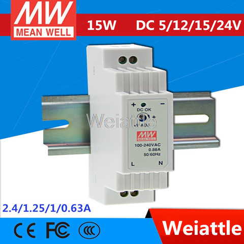 5V 12V 15V 24V  MEAN WELL 12W 15W 2.4A 1.25A 1A 0.63A  Industrial DIN Rail Power Supply DR-15-5 DR-15-12 DR-15-15 DR-15-24 ► Photo 1/5