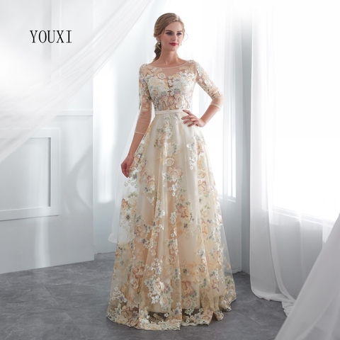 Floral Prom Dresses YOUXI Lace 3/4 Sleeves A-line Champagne Belt Empire Waist Long Evening Gowns Vestido De Formatura - Price history & Review | AliExpress Seller - YOUXI Official Store | Alitools.io Floral Prom Dresses YOUXI Lace 3/4 Sleeves A-line Champagne Belt Empire Waist Long Evening Gowns Vestido De Formatura - Price history & Review | AliExpress Seller - YOUXI Official Store | Alitools.io