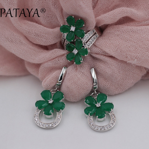 PATAYA RU Hot Sale Women Romantic Jewelry Sets Flower Green Natural Zirconia Earrings Ring Set True White Gold Wedding Jewelry ► Photo 1/6